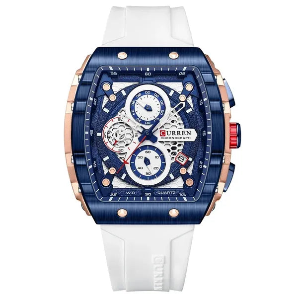 Curren 8442 férfi karóra, kronográf, kék számlap, fehér szíj, 47 mm, WR30