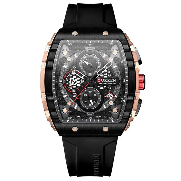 Curren 8442 férfi karóra, kronográf, szilikon szíj, fekete/rózsaarany, 47 mm
