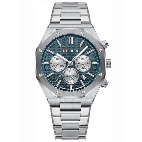 Curren 8440 férfi kronográf karóra, kék számlap, ezüst fém szíj, 43 mm, WR30