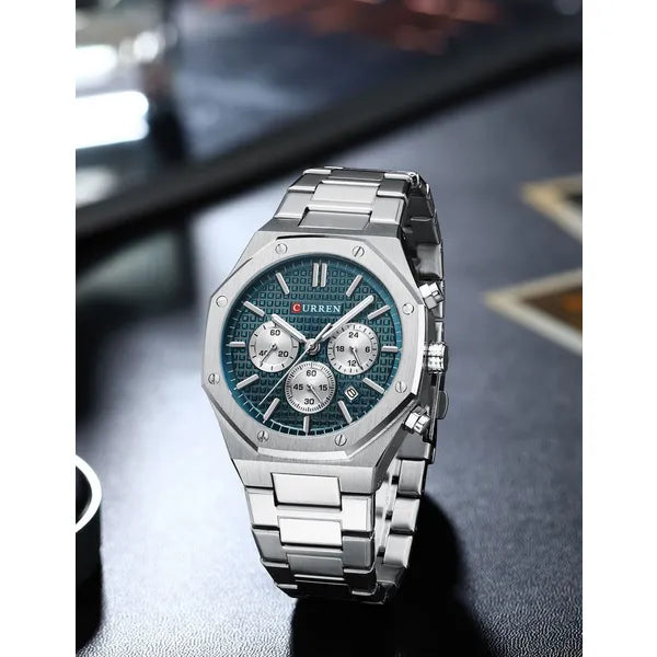 Curren 8440 férfi kronográf karóra, kék számlap, ezüst fém szíj, 43 mm, WR30