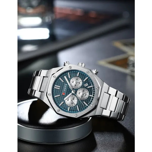 Curren 8440 férfi kronográf karóra, kék számlap, ezüst fém szíj, 43 mm, WR30