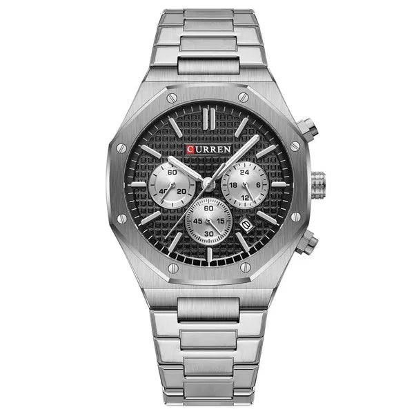 Curren 8440 férfi kronográf karóra, 43 mm, fekete számlap, ezüst szíj, WR30