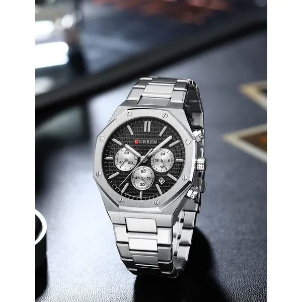 Curren 8440 férfi kronográf karóra, 43 mm, fekete számlap, ezüst szíj, WR30