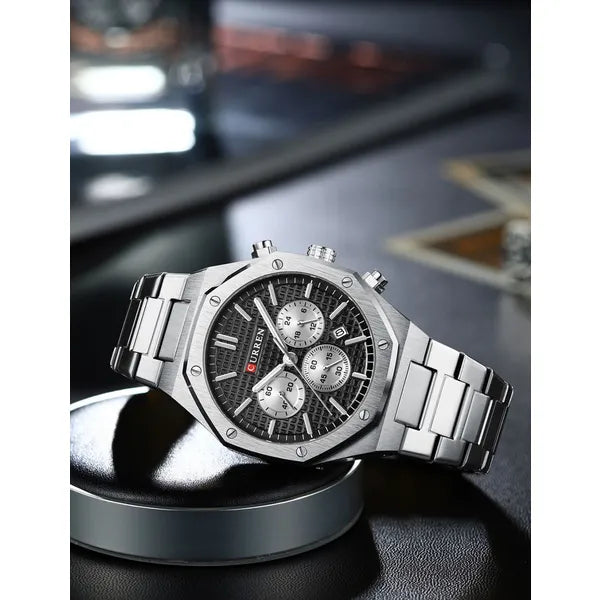 Curren 8440 férfi kronográf karóra, 43 mm, fekete számlap, ezüst szíj, WR30