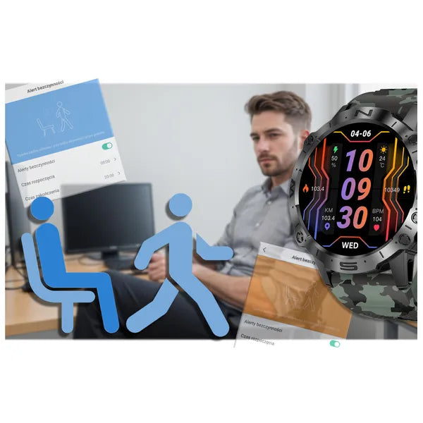 Férfi okosóra 1,43'' IPS, BT hívás, IP67, 360 mAh + extra szíj, fekete/zöld