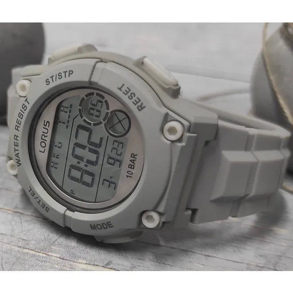Lorus Sports R2335PX9 uniszex digitális karóra, szürke, WR100, szilikon