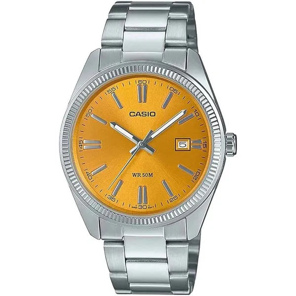 Casio MTP-1302PD-9AVEF férfi karóra, sárga számlap, acél szíj, WR50, 38 mm