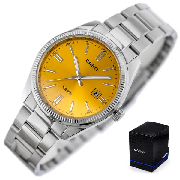Casio MTP-1302PD-9AVEF férfi karóra, sárga számlap, acél szíj, WR50, 38 mm