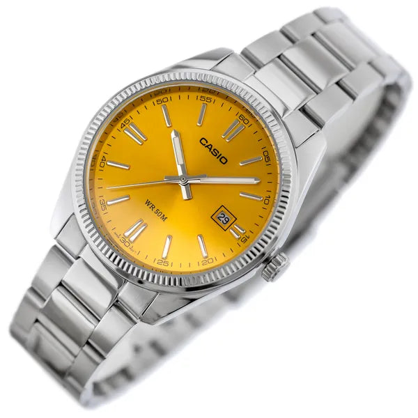 Casio MTP-1302PD-9AVEF férfi karóra, sárga számlap, acél szíj, WR50, 38 mm