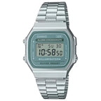 Casio A168WA-3A retro uniszex digitális óra, ezüst acélszíj, zöld LCD