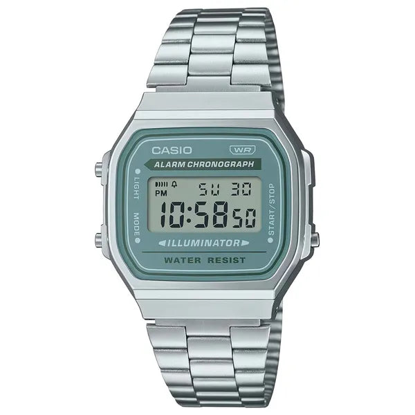Casio A168WA-3A retro uniszex digitális óra, ezüst acélszíj, zöld LCD
