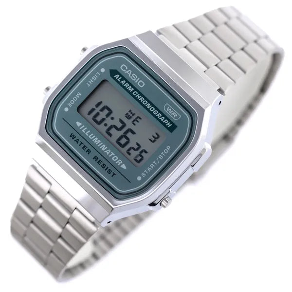Casio A168WA-3A retro uniszex digitális óra, ezüst acélszíj, zöld LCD