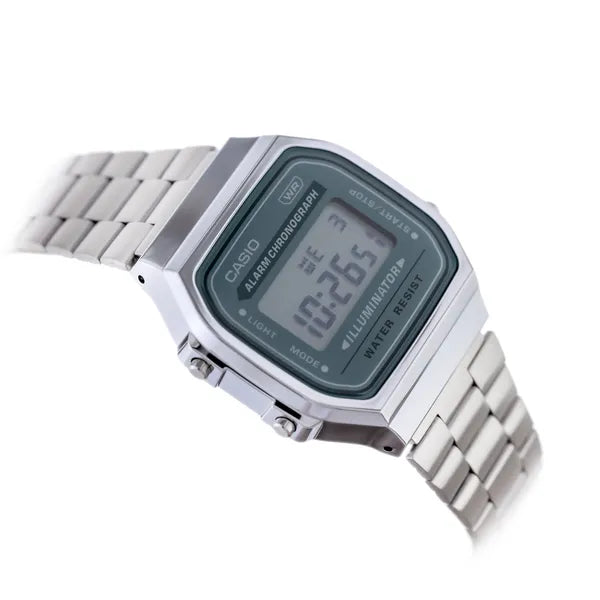 Casio A168WA-3A retro uniszex digitális óra, ezüst acélszíj, zöld LCD