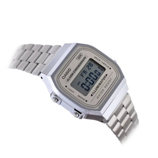 Casio A168WA-8A uniszex digitális karóra, ezüst acélszíj, WR30