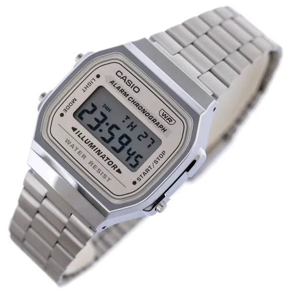 Casio A168WA-8A uniszex digitális karóra, ezüst acélszíj, WR30