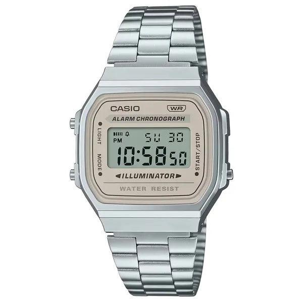 Casio A168WA-8A uniszex digitális karóra, ezüst acélszíj, WR30