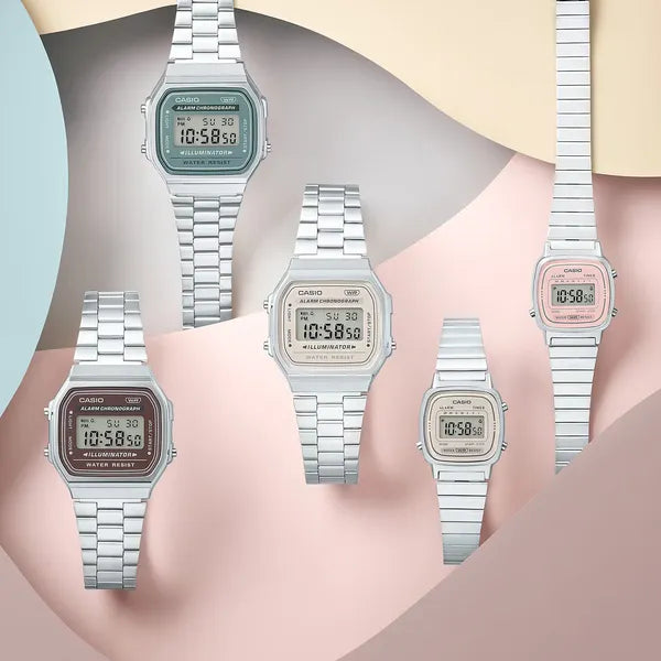 Casio A168WA-8A uniszex digitális karóra, ezüst acélszíj, WR30