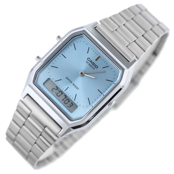 Casio AQ-230A-2A1 unisex karóra, ezüst acél, kék számlap, analóg-digitális, WR30