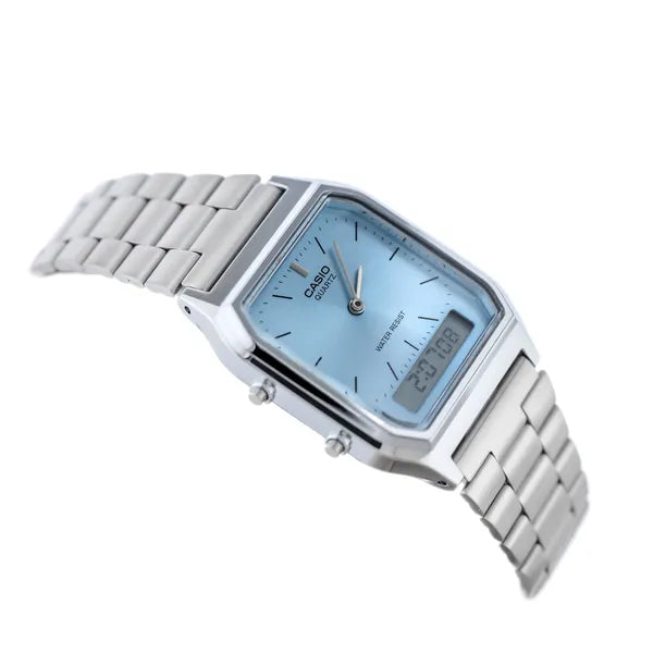 Casio AQ-230A-2A1 unisex karóra, ezüst acél, kék számlap, analóg-digitális, WR30