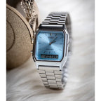 Casio AQ-230A-2A1 unisex karóra, ezüst acél, kék számlap, analóg-digitális, WR30