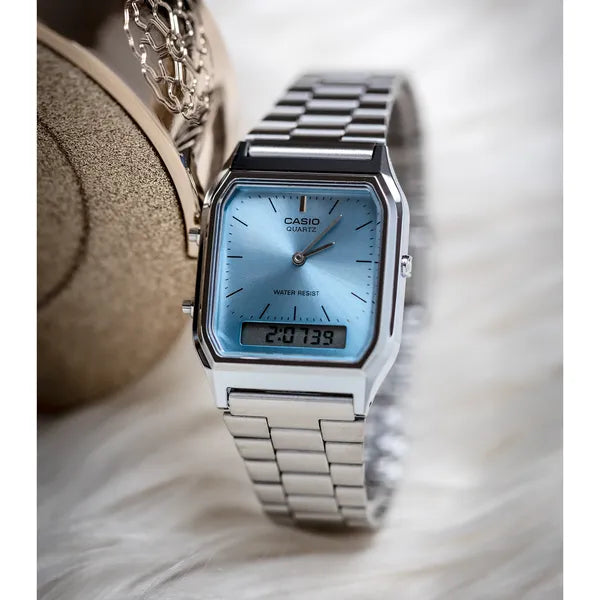 Casio AQ-230A-2A1 unisex karóra, ezüst acél, kék számlap, analóg-digitális, WR30