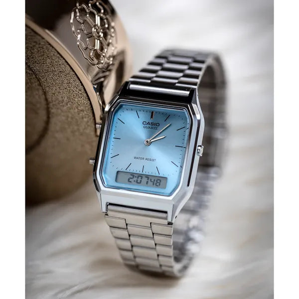 Casio AQ-230A-2A1 unisex karóra, ezüst acél, kék számlap, analóg-digitális, WR30