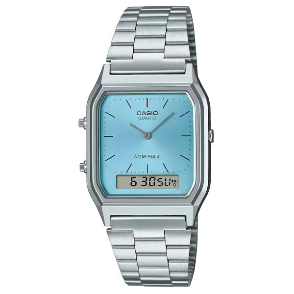 Casio AQ-230A-2A1 unisex karóra, ezüst acél, kék számlap, analóg-digitális, WR30