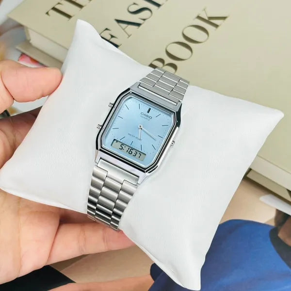 Casio AQ-230A-2A1 unisex karóra, ezüst acél, kék számlap, analóg-digitális, WR30