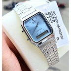 Casio AQ-230A-2A1 unisex karóra, ezüst acél, kék számlap, analóg-digitális, WR30