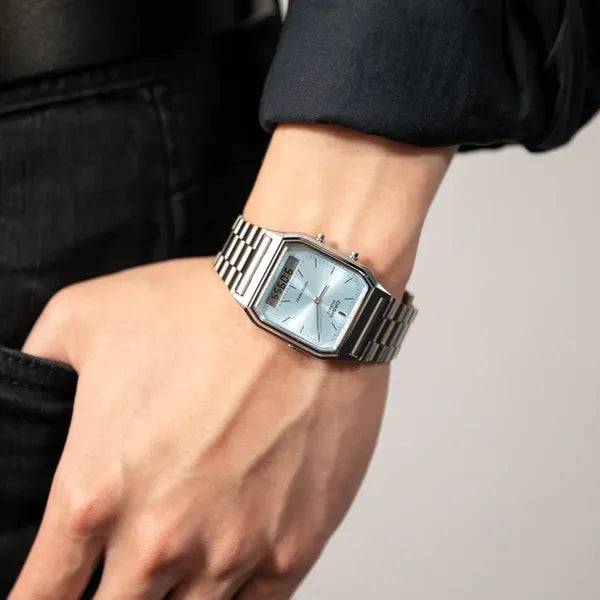 Casio AQ-230A-2A1 unisex karóra, ezüst acél, kék számlap, analóg-digitális, WR30