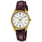 Casio LTP-V005GL-7B női karóra, arany tok, barna bőrszíj, WR30 + díszdoboz