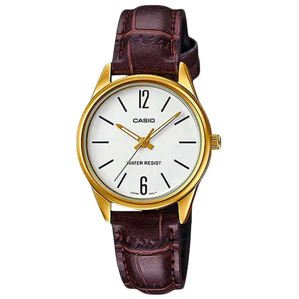 Casio LTP-V005GL-7B női karóra, arany tok, barna bőrszíj, WR30 + díszdoboz
