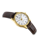 Casio LTP-V005GL-7B női karóra, arany tok, barna bőrszíj, WR30 + díszdoboz