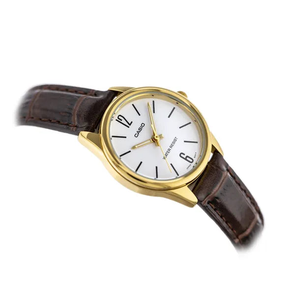 Casio LTP-V005GL-7B női karóra, arany tok, barna bőrszíj, WR30 + díszdoboz