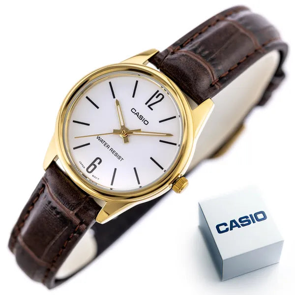 Casio LTP-V005GL-7B női karóra, arany tok, barna bőrszíj, WR30 + díszdoboz