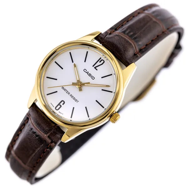 Casio LTP-V005GL-7B női karóra, arany tok, barna bőrszíj, WR30 + díszdoboz