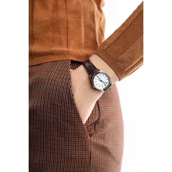 Casio LTP-V005GL-7B női karóra, arany tok, barna bőrszíj, WR30 + díszdoboz