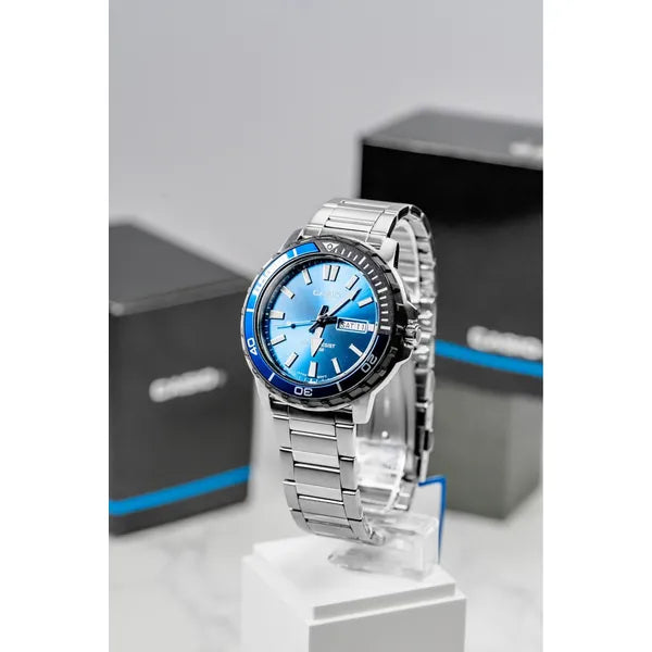 Casio MTD-125D-2A1 férfi karóra, acél szíj, kék számlap, WR100, dátum, kvarc