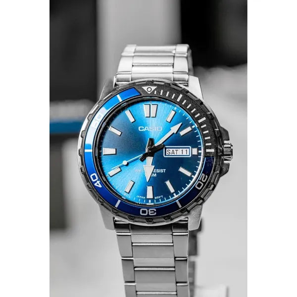 Casio MTD-125D-2A1 férfi karóra, acél szíj, kék számlap, WR100, dátum, kvarc