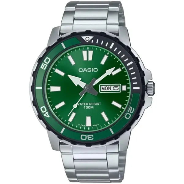 Casio MTD‑125D‑3A férfi karóra, zöld számlap, acél szíj, WR100, dátum