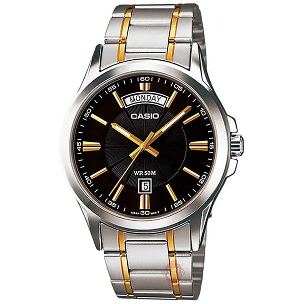 Casio MTP-1381G-1A férfi karóra, kétszínű acél szíj, fekete számlap, WR30