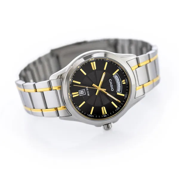 Casio MTP-1381G-1A férfi karóra, kétszínű acél szíj, fekete számlap, WR30