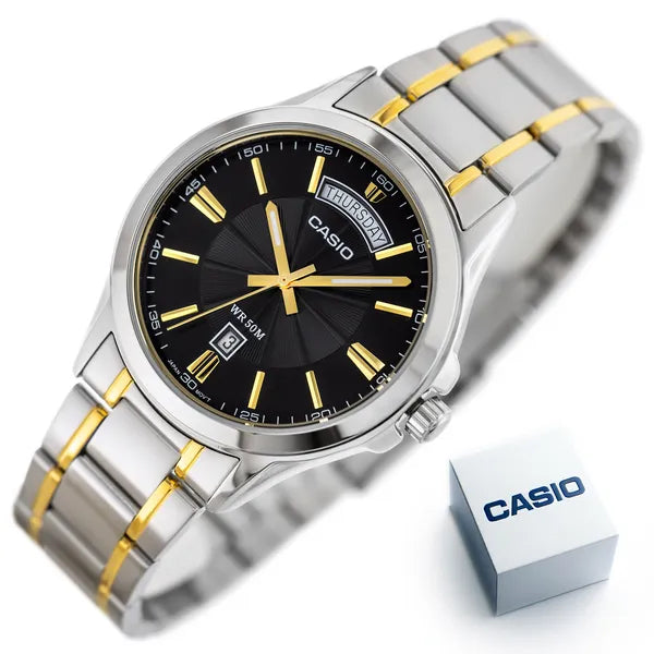 Casio MTP-1381G-1A férfi karóra, kétszínű acél szíj, fekete számlap, WR30