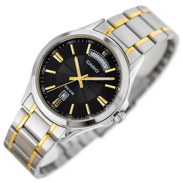 Casio MTP-1381G-1A férfi karóra, kétszínű acél szíj, fekete számlap, WR30