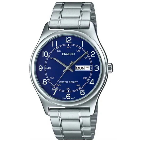 Casio MTP-V006D-2B férfi karóra, kék számlap, acél szíj, dátum, WR30, díszdoboz
