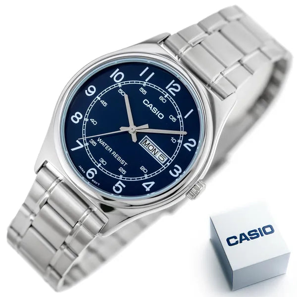 Casio MTP-V006D-2B férfi karóra, kék számlap, acél szíj, dátum, WR30, díszdoboz