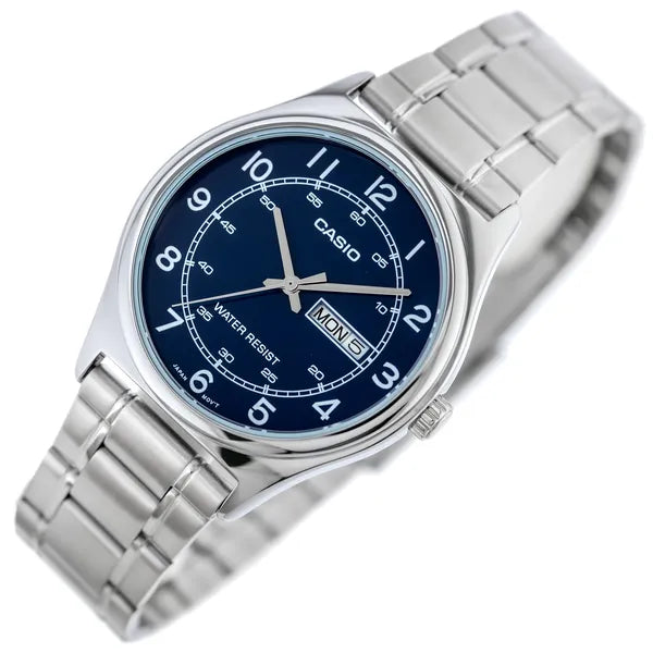 Casio MTP-V006D-2B férfi karóra, kék számlap, acél szíj, dátum, WR30, díszdoboz