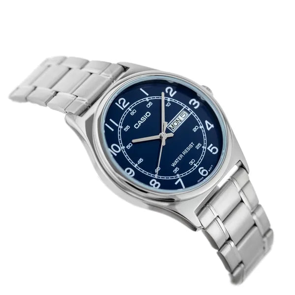 Casio MTP-V006D-2B férfi karóra, kék számlap, acél szíj, dátum, WR30, díszdoboz