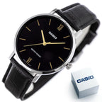 Casio MTP-VT01L-1B férfi karóra, fekete számlap, bőrszíj, 40 mm, WR30, díszdoboz