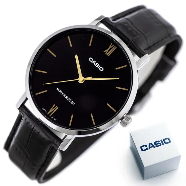 Casio MTP-VT01L-1B férfi karóra, fekete számlap, bőrszíj, 40 mm, WR30, díszdoboz